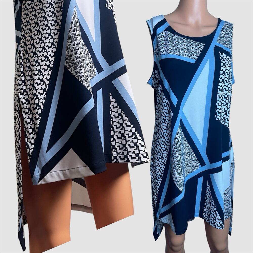 Alfani Printed Sleeveless Tunic Top Short Dress Geometric Black Blue Medium